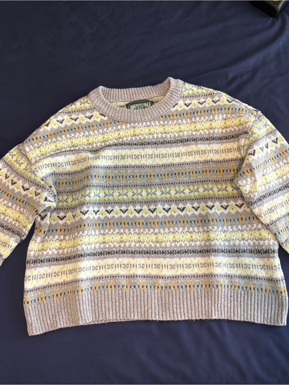 American Eagle Gray Cream Fair Isle Knit Sweater with Yellow Accents